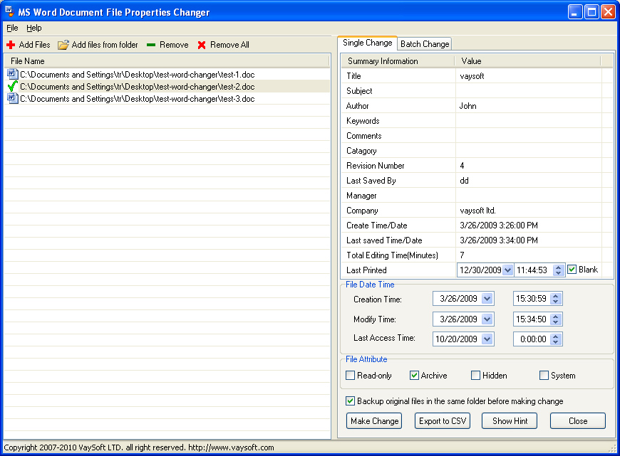 MS Word Document File Properties Changer screen shot